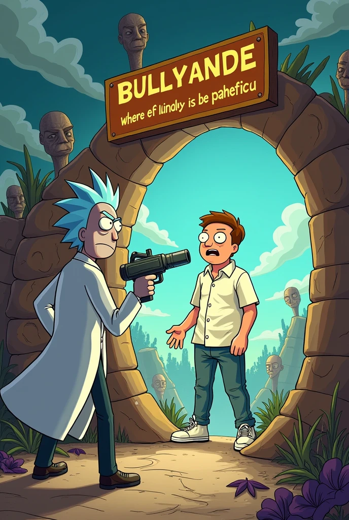 scene: - Characters: A character similar to Rick, with his trademark lab coat and a disdainful expression, Aims his portal gun at a typical thug (big and tough) that is bullying someone. Instead of a normal portal, What appears is a giant vortex that s the bully into a "planet of thugs" where all the inhabitants are cartoonish and ridiculous versions of himself, Caught in absurd and ridiculous situations. - Dialogue or text in Spanish: About the portal, A sarcastic sign says: "Welcome to Bullyland, where the only law is to be pathetic".