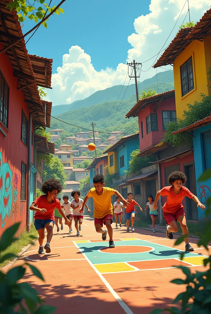 Many young people playing ball on the court in the favela