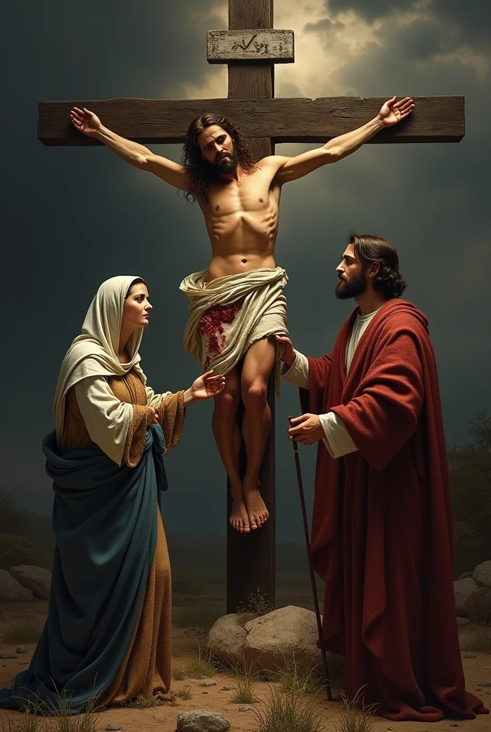 Create an image that captures the moving moment when Jesus, that cross, delivers your mother, Our Lady of Sorrows, to Saint John the Evangelist. Jesus must be crucified, bloodied in the center of the scene, with an expression of suffering and compassion. He looks at Saint John, that is next to the cross, with an expression of dedication and concern. Our Lady of Sorrows deve estar abaixo da cruz, with an expression of deep sadness and resignation, while looking at Saint John. St. John the Evangelist must be holding Mary's hand in a protective and gentle way.. The scene should convey an atmosphere of pain, sacrifice and hope. The background can be a dark and dramatic landscape, with dark clouds and a soft light that highlights the central scene.