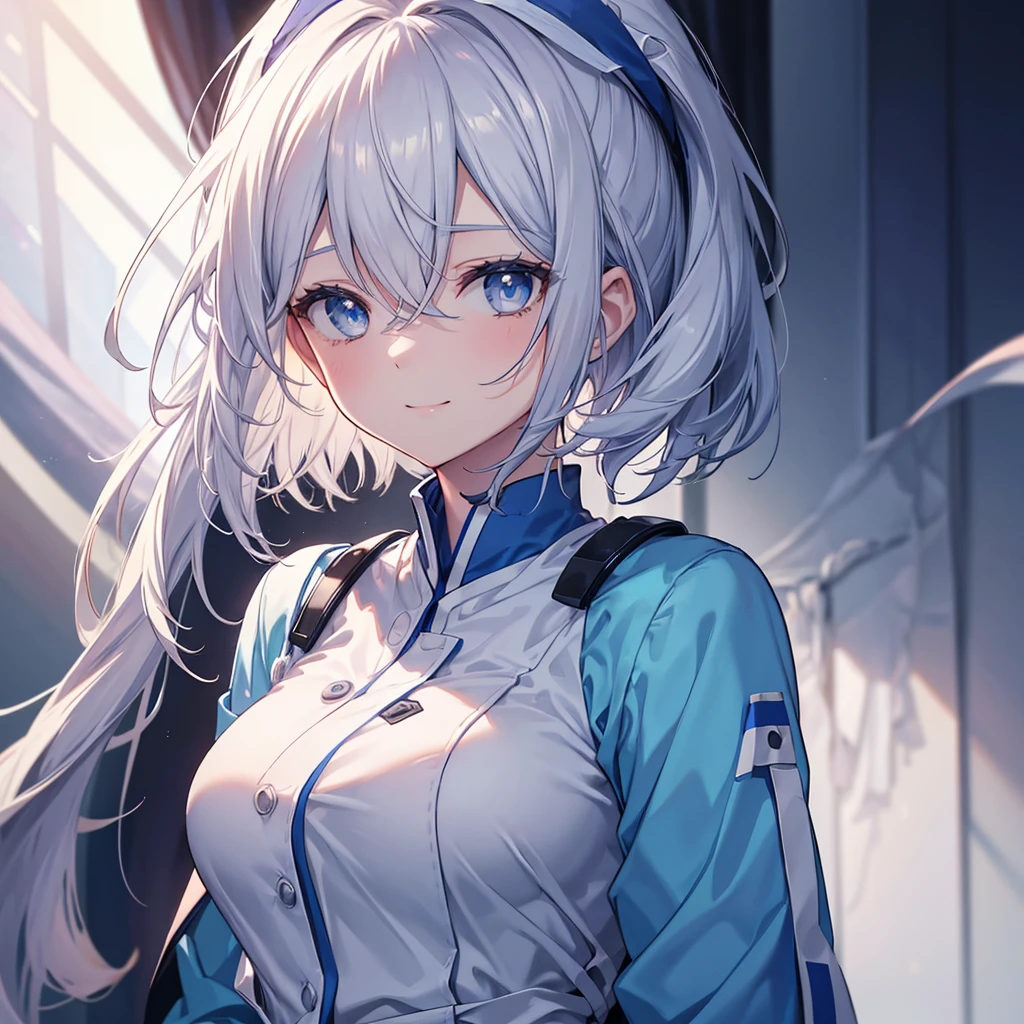 wear scrubs, White or pale blue scrub clothing, a beautiful detailed portrait of a shoulder length hair nurse aide, with no hat, large breasts, in an anime style, high resolution, photorealistic, dramatic chiaroscuro lighting, intricate details, ominous aura, beautiful blue eyes, beautiful silver hair, short bob cut, sharp facial features, strong presence, smile, I'm not wearing anything on my head, Hide your chest with your clothes.