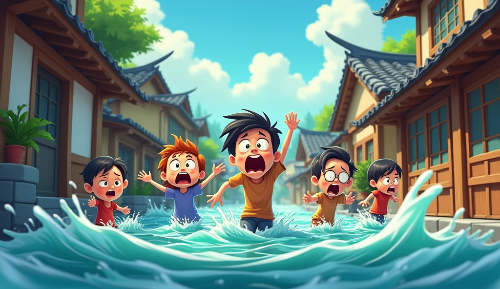 Generate 3d, Cinematic, vibrant Cartoon image.The villagers panic as water starts entering their homes.

