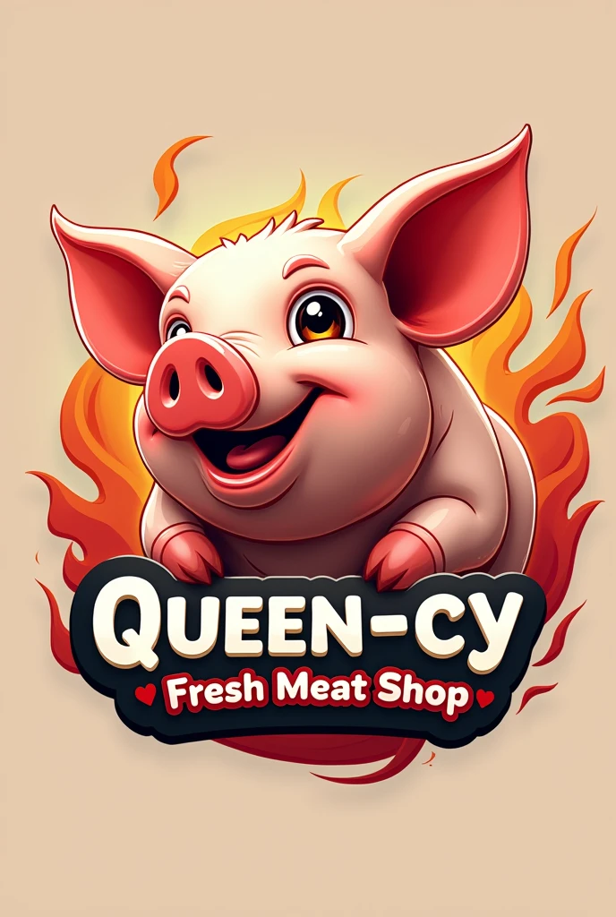 Create logo cyrcle 3D color with animation head pork orange white and black 'QUEEN-CY' 'Fresh Meat Shop'