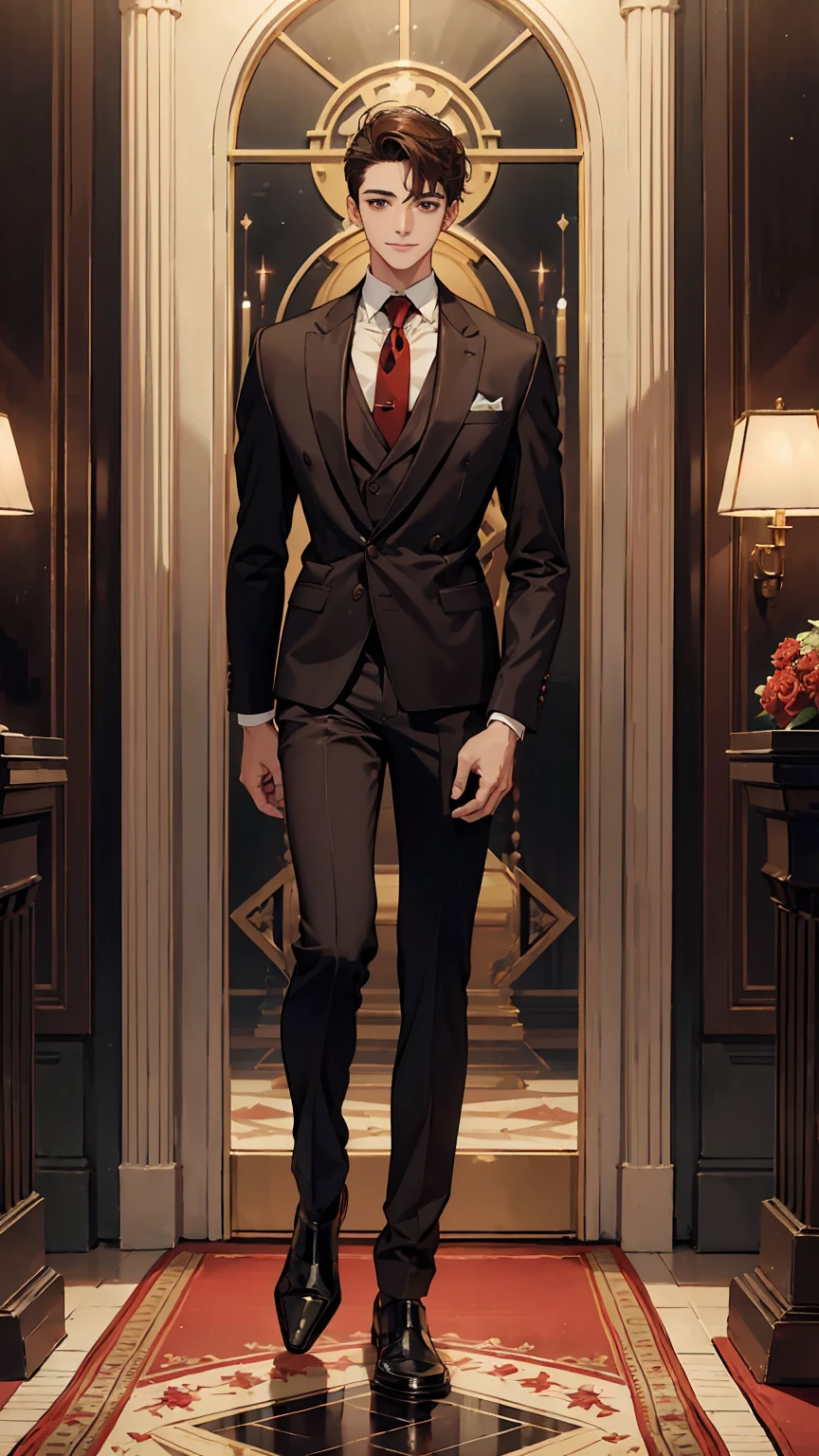 Masterpiece, best quality, 1boy english,Billy, 20 years old, very short hair, dark brown hair, brown eyes, v taper body, smile, tall, rough, happy, wearing a evening outfit, Red tie, Celebrities pose,  BREAK ((full body shot:1.2)), ((frontal view :1.1)), ((morning, grand galà, rich, elegant party ,) ) 