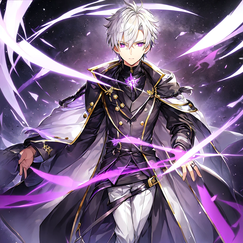 1 boy, Short white hair, purple eyes, black overcoat, black backdrop