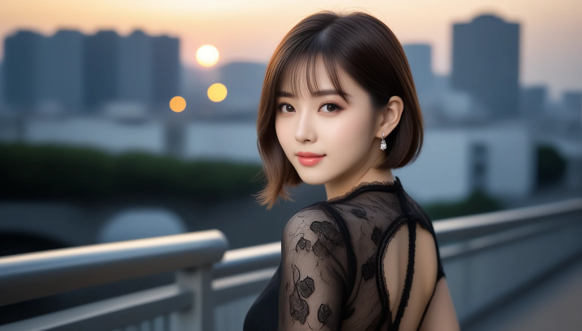 8k, Ultra-high resolution, Highest quality, masterpiece, 三分割法によるphotograph,Surreal, photograph, 1 , (:1.3), cute, cute顔, 細部までBeautiful Eyes, 細かくdetailedに,masterpiece,One Girl:1.2,Japanese women,Young Wife,cowboy shot,smile,Black hair,Bob with bangs,(black lace wedding dress:1.3),Pencil Skirt,bride,standing on a bridge,Buildings background,Woman Turning Around,sunset,(Beautiful attention to detail),Subtle details, detailedな顔, smile,attractive,(のポートレートphotograph:1.4),(Photorealistic images:1.4),Fantasy art,(Beautiful Face:1.4),美しくattractive目、Beautiful Eyes、(Tight waist:1.4)、(Beautiful with perfect body proportions:1.4),Pink Lips,Looking at the audience,(((Ideal body type))),A-cup small breasts :2,、Portraiture:2、Perfect Anatomy、鮮明なdetailed、detailed,Fashion magazine cover,Thin lips,完璧でBeautiful Face ,完璧でcute顔, Skin with attention to detail, Perfect limbs、Narrow waist,Surreal,Light and shadow,setting sun