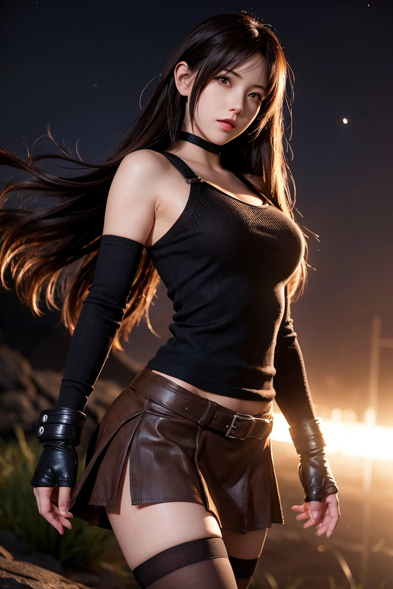 Tifa Lockhart, wallpaper, landscape, Depth of written boundary, night, Particles of light, light, Side lighting, Thighs, skirt, Red eyes, Brown Hair, Thigh-high socks, Arm Sleeves,Kick up