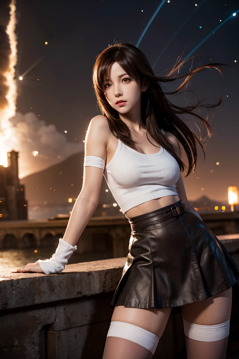 Tifa Lockhart, wallpaper, landscape, Depth of written boundary, night, Particles of light, light, Side lighting, Thighs, skirt, Red eyes, Brown Hair, Thigh-high socks, Arm Sleeves,Kick up