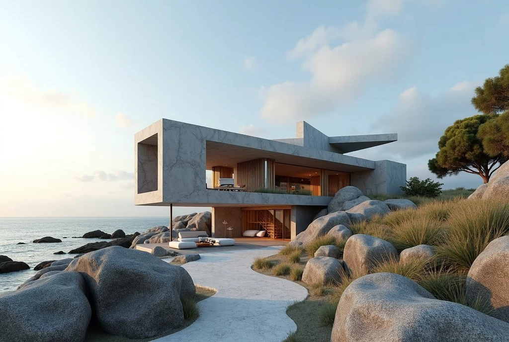 Folding art gallery volume design in fresh climate by the sea,Slate,Stone,model