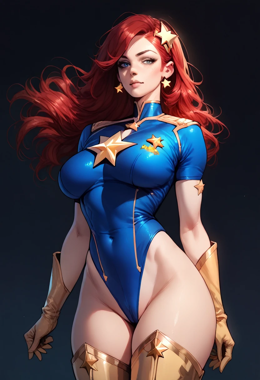 score_9, score_8_up, score_7_up, score_6_up, score_5_up, score_4_up, Sexy, Superheroine, Red hair, long hair, busty, ((blue highleg leotard with a t-back thong and a gold star insignia on chest)), gold boots, gold gloves