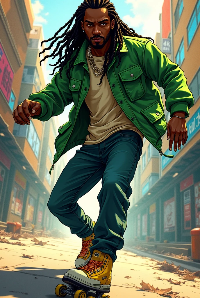 manga character, man, peau noir, long braided hair, green jacket , roller dancer