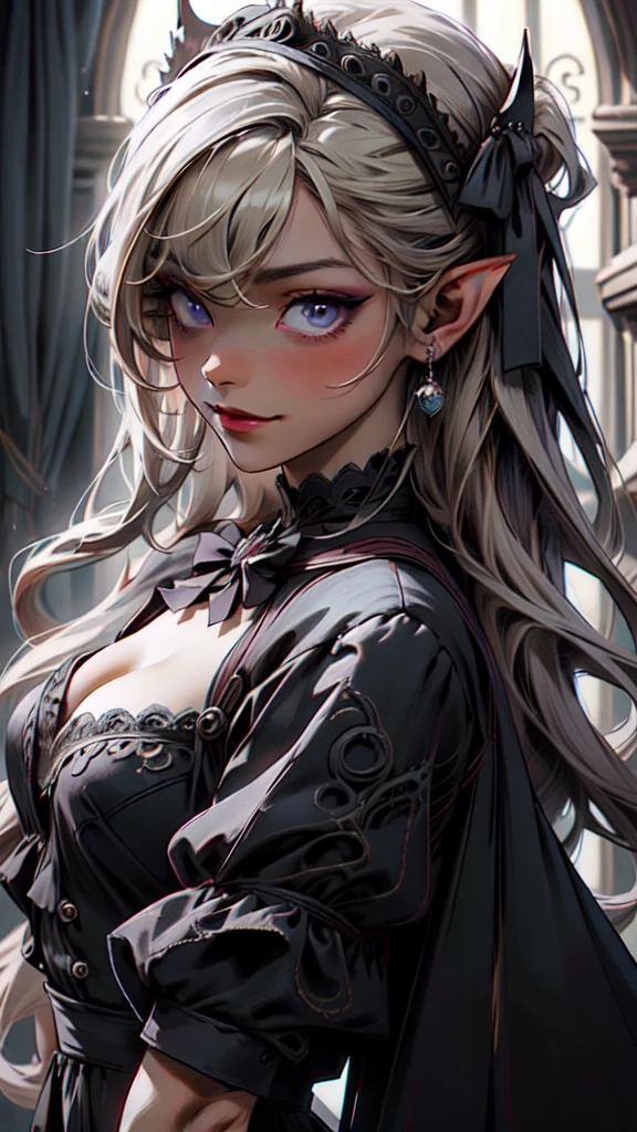 ((masterpiece )), (Highest quality), (Highest quality), ((Very detailed, 8K quality)), aesthetics, Volumetric lighting, (Detailed line drawing), 
break, 
Very detailed ( Dark Elf), (One person), Perfect Face, Details,  Blunt bangs, (Hair between the eyes), Blonde gray hair, Purple eyes, eyelash, eye shadow, pink eye shadow, A light smile, Design art by Artgerm, by Kawashi, By Yoshitaka Amano,、地上に降りた悪魔
break,
Portraiture, French maid dressed in French maid uniform, Victorian Goth Maid, Head ornament, indoor, ((Antique Victorian Mansion)), Dusty, It&#39;s dim, Candle Holder, Covered in spider webs, Cowboy Shot, Dynamic Angle, Side table, Dangling your legs, Glare, Grin, View your viewers, Place your chin on your hand, (Graphic Background, (Plain background)), Correct Anatomy, amano yoshitaka, Webbed Tech, A blurry, organic web, eroguronansensu, Horror, Goat, Gothic art style,
break, 
((Perfect Anatomy)), Nice body, Mid-chest, Very detailed指, The best move, Perfect Face, Beautiful Face, Beautiful Eyes, Perfect Eyes, Perfect Fingers, (Dark Skin)