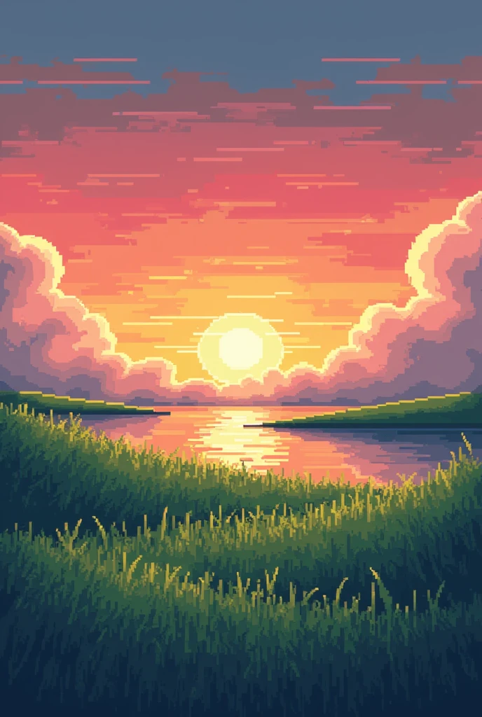 Pixelated sunset with grass and sea landscape flat