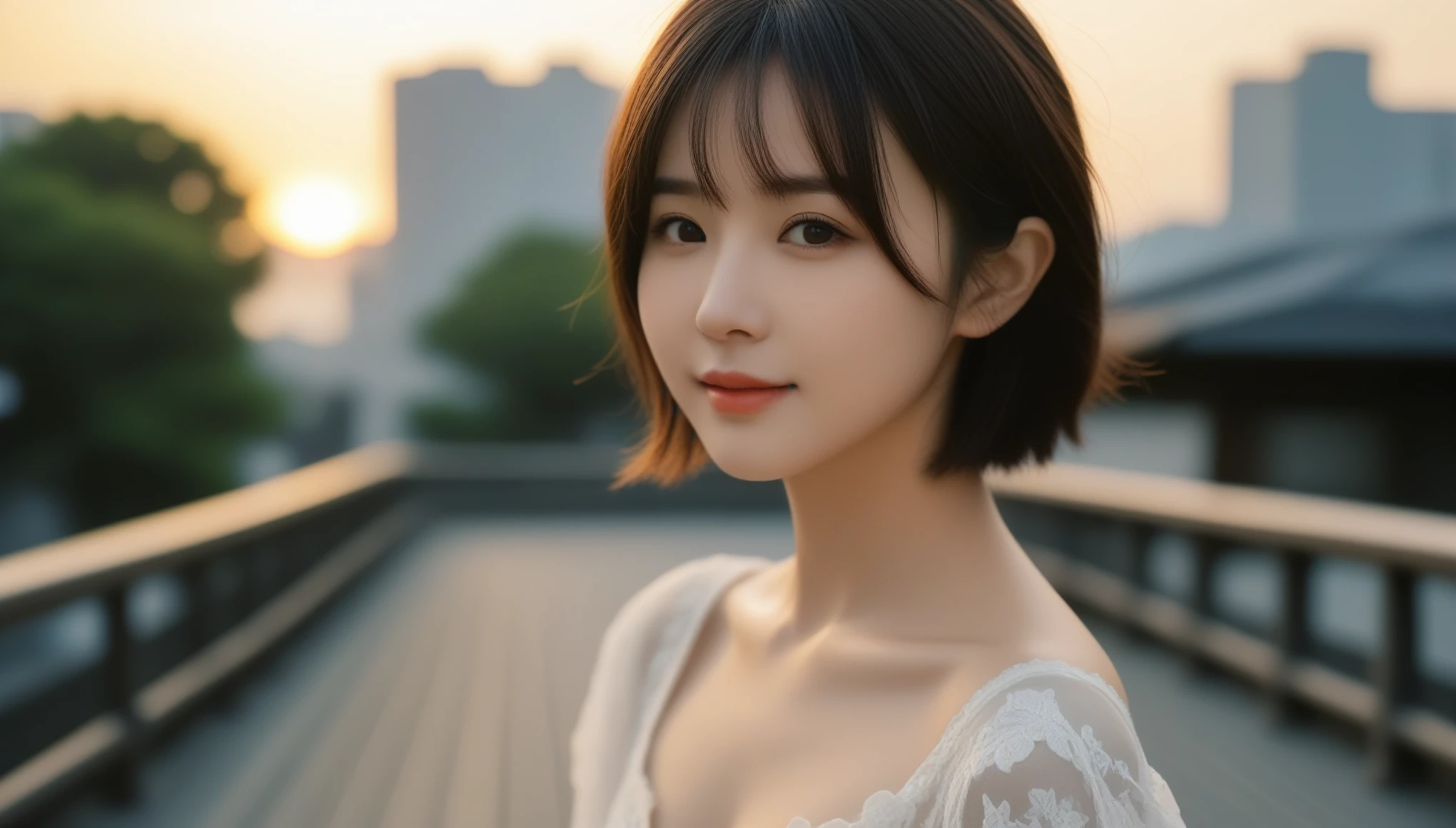 8k, Ultra-high resolution, Highest quality, masterpiece, 三分割法によるphotograph,Surreal, photograph, 1 , (:1.3), cute, cute顔, 細部までBeautiful Eyes, 細かくdetailedに,masterpiece,One Girl:1.2,Japanese women,Young Wife,cowboy shot,smile,Black hair,Bob with bangs,(black lace wedding dress:1.3),Pencil Skirt,bride,standing on a bridge,Buildings background,Woman Turning Around,sunset,(Beautiful attention to detail),Subtle details, detailedな顔, smile,attractive,(のポートレートphotograph:1.4),(Photorealistic images:1.4),Fantasy art,(Beautiful Face:1.4),美しくattractive目、Beautiful Eyes、(Tight waist:1.4)、(Beautiful with perfect body proportions:1.4),Pink Lips,Looking at the audience,(((Ideal body type))),A-cup small breasts :2,、Portraiture:2、Perfect Anatomy、鮮明なdetailed、detailed,Fashion magazine cover,Thin lips,完璧でBeautiful Face ,完璧でcute顔, Skin with attention to detail, Perfect limbs、Narrow waist,Surreal,Light and shadow,setting sun