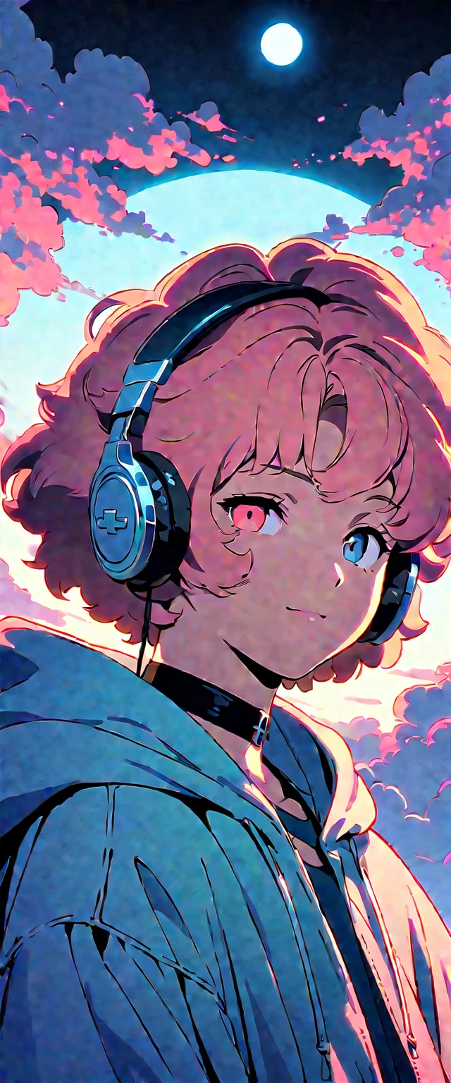 (extremely detailed CG unity 8k wallpaper), (best quality), (best illustration), (best shadow), realistic lighting, beautiful detailed reglow, masterpiece, best quality, lofi artstyle, lofi art, 80s anime style, Retro, Lofi, 1boy, Night, black choker, blue sky, choker, cloud, cross, day, heterochromia, hood, hood down, jacket, jewelry, long sleeves, looking at viewer, male focus, moon, outdoors, piercing, pink hair, short hair, sky, solo, vampire, virtual youtuber, Using Headphone, calm face, close eyes