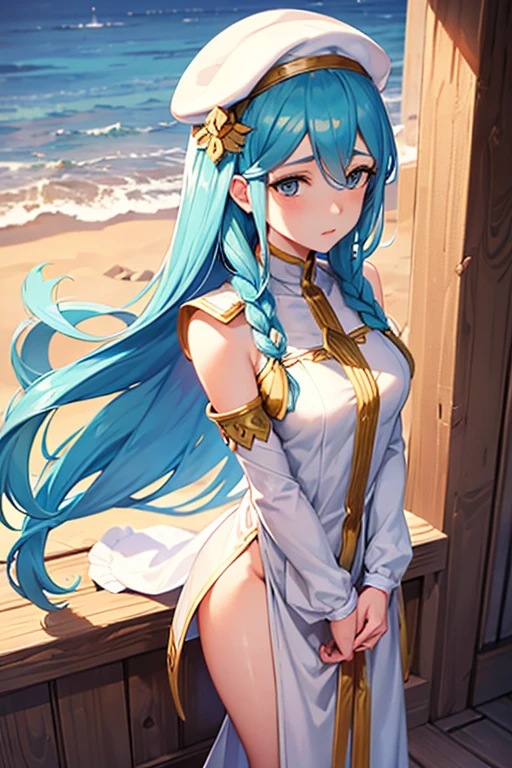 1 girl, high resolution, work of art, standing alone, perfects eyes, azura (fire emblem), chestnut hair, double trunk braids, white gown, jewerly, hat, looking ahead at viewer 