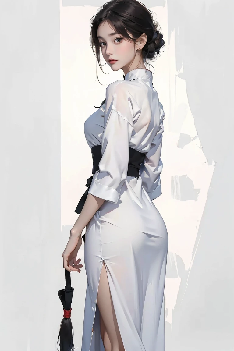 (Ultra-detailed, photorealistic, best quality,4k,8k,highres,masterpiece:1.3), (Vogue magazine cover), (Vogue Style Cover), Vogue style color paintings, 1 females, age 18, Japanese. With her tan skin and perfect body shape, she radiates an irresistible allure. Known for her super sexy appearance, her busty physique and long legs only enhance her appealing persona. Her body language is as captivating as her physical attributes, always exuding confidence and sensuality. (((She's wearing a Minimalist Modern Aodai - Vietnamese traditional clothes, the clean lines and subtle tones emphasizing her simplicity and understated elegance))). ((intricate detail)), super finely detailed hands, ultra finely detailed fingers(((ten fingers))), (standing confidently), (full body showcase), (show full body), (no logos on background), (no logo).