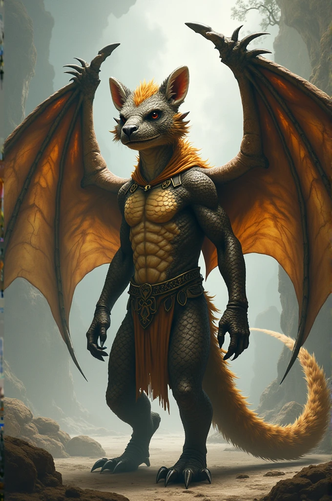 A teenage human with parts of a dragon like the honey badger animal and that has wings