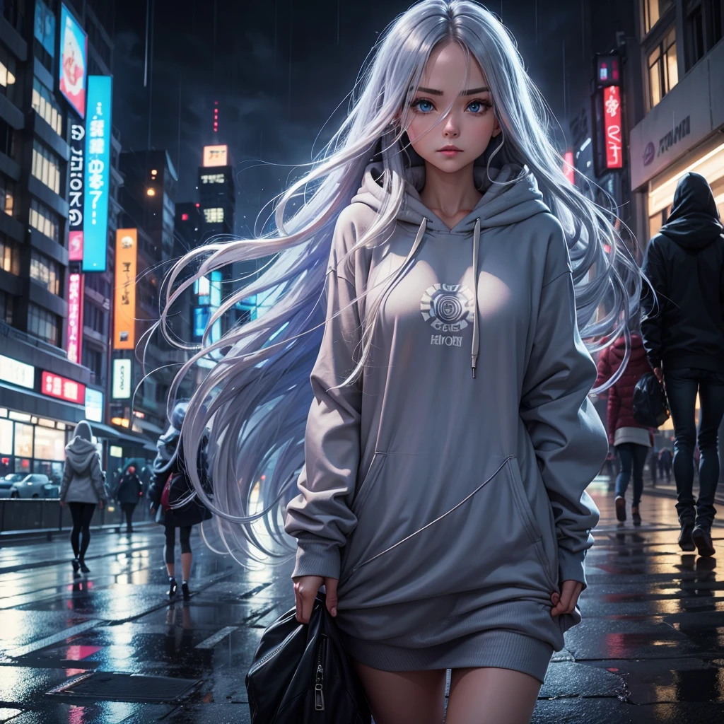 A woman in the center wearing a cool hoodie、Long Hair, Gaze, blue eyes, Silver Hair、Rainy city background at night、