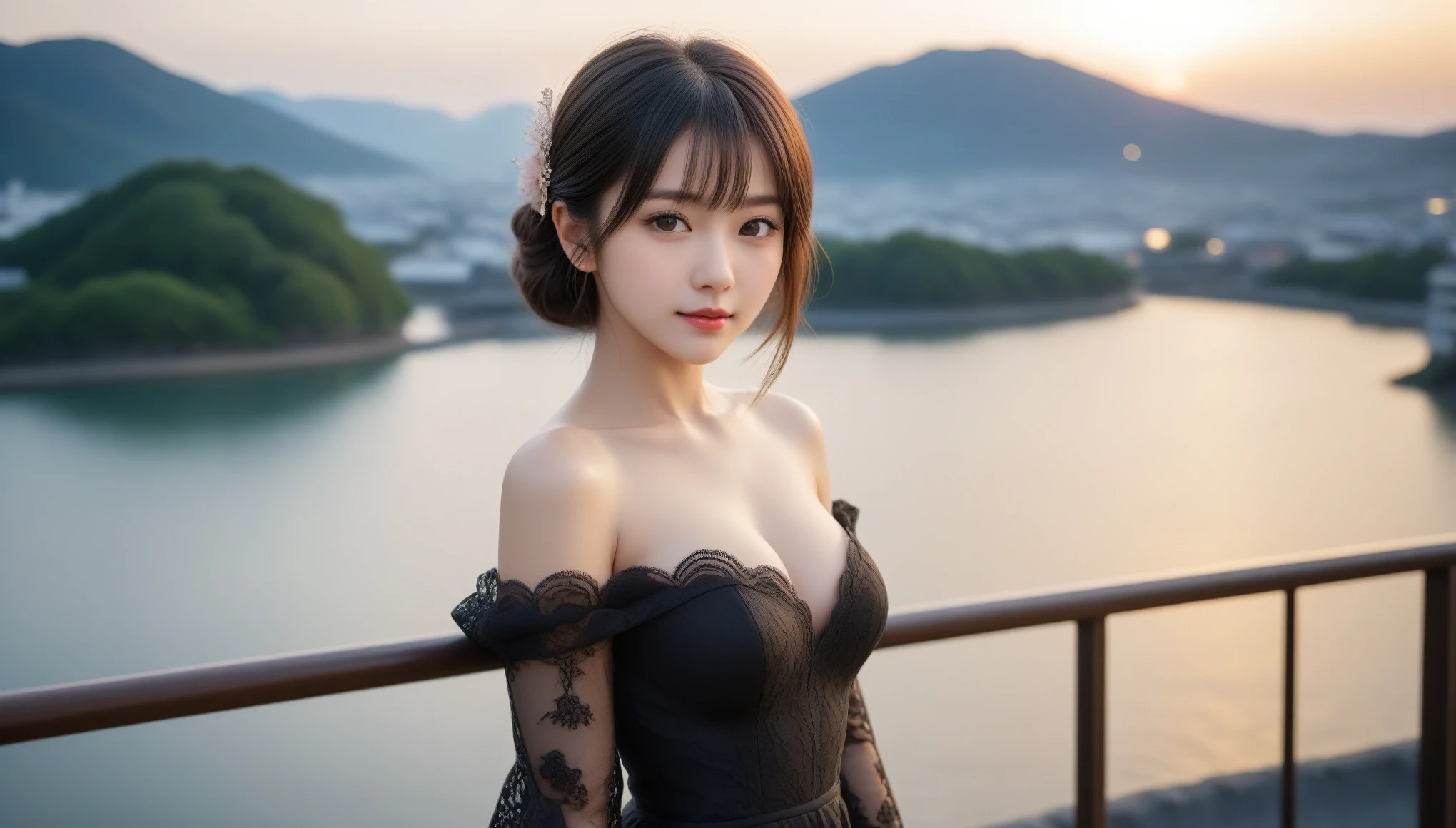 8k, Ultra-high resolution, Highest quality, masterpiece, 三分割法によるphotograph,Surreal, photograph, 1 , (:1.3), cute, cute顔, 細部までBeautiful Eyes, 細かくdetailedに,masterpiece,One Girl:1.2,Japanese women,Young Wife,cowboy shot,smile,Black hair,Bob with bangs,(black lace wedding dress:1.3),Pencil Skirt,bride,standing on a bridge,Buildings background,Woman Turning Around,sunset,(Beautiful attention to detail),Subtle details, detailedな顔, smile,attractive,(のポートレートphotograph:1.4),(Photorealistic images:1.4),Fantasy art,(Beautiful Face:1.4),美しくattractive目、Beautiful Eyes、(Tight waist:1.4)、(Beautiful with perfect body proportions:1.4),Pink Lips,Looking at the audience,(((Ideal body type))),A-cup small breasts :2,、Portraiture:2、Perfect Anatomy、鮮明なdetailed、detailed,Fashion magazine cover,Thin lips,完璧でBeautiful Face ,完璧でcute顔, Skin with attention to detail, Perfect limbs、Narrow waist,Surreal,Light and shadow,setting sun