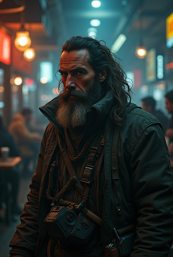 cyberpunk style, bearded mountain man in coffee shop, highly detailed, HD, dark background