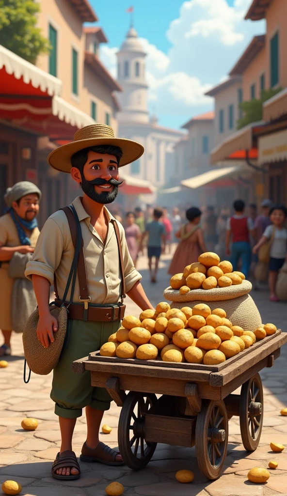 "In a bustling outdoor marketplace, a small street vendor stands beside his modest cart filled with fresh potatoes. The vendor is dressed in simple, traditional clothes and appears to be actively selling his goods. His cart, worn but sturdy, is stacked with neatly piled potatoes, some spilling out of burlap sacks onto the wooden surface. Surrounding the cart are a few customers—men and women from the local area—examining the potatoes or engaging in conversation with the vendor. In the background, other market stalls can be seen with people passing by, some carrying bags of vegetables. The overall setting feels authentic and lively, capturing the essence of a typical day at a local market in a small town."