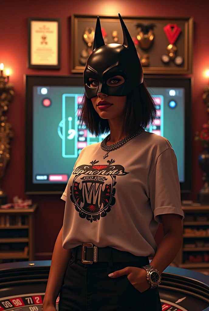 A personalized room with medals, roulette frame, roulette course certificate on the wall and a projector projecting the roulette game in the center of the room , women without army vest t-shirt with roller print, diamond chains and Rolex on the wrist, Batman Mask, with the roller print and Batman masks
