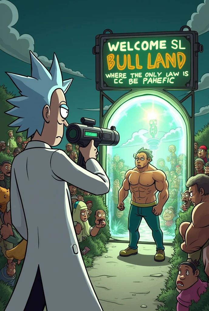 scene: - Characters: A character similar to Rick, with his trademark lab coat and a disdainful expression, Aims his portal gun at a typical thug (big and tough) that is bullying someone. Instead of a normal portal, What appears is a giant vortex that sucks the bully into a "planet of thugs" where all the inhabitants are cartoonish and ridiculous versions of himself, Caught in absurd and ridiculous situations. - Dialogue or text in Spanish: About the portal, A sarcastic sign says: "Welcome to Bullyland, where the only law is to be pathetic".