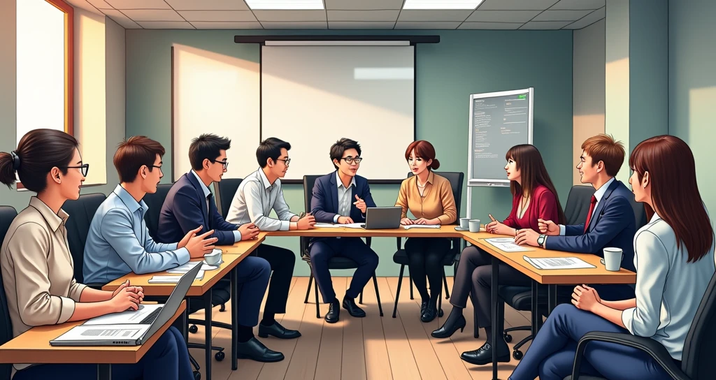 A group of people，Discussing things in the meeting room，Japanese manga cartoon style