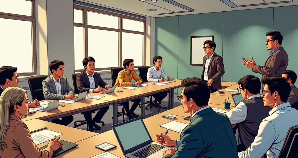 A group of people，Discussing things in the meeting room，Japanese manga cartoon style