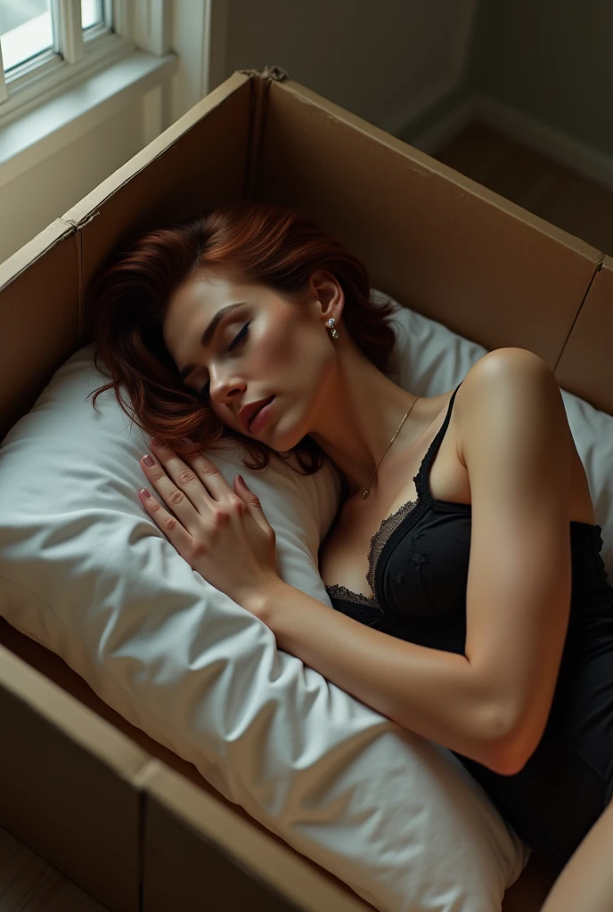 Scarlett Johansson, black widow, in lingerie and sitting inside a cardboard box with polystyrene, full body view, asleep, Perfect face, hyperrealistic quality