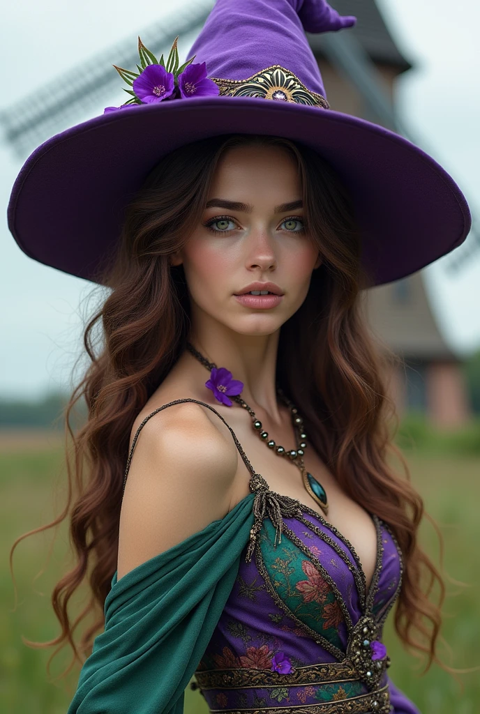 A beautiful girl, Perfect face, Keep your arms at your sides, masterpiece, Ultra-high resolution, high quality, 4K, Upper Body:1.5, Lisa (Genshin Impact), urple witch hat, Green Eyes, Brown hair, (Pure face_v1:0.008), (European:1.6), Bangs, skirt, Rose, Jewelry, witch, shawl, Purple headdress, Black Gloves, Purple flowers, Hair between the eyes, purple Rose, Open your mouth, purple shawl, Hat Flower, multicolored skirt, Hair accessories, windmill, from the side,