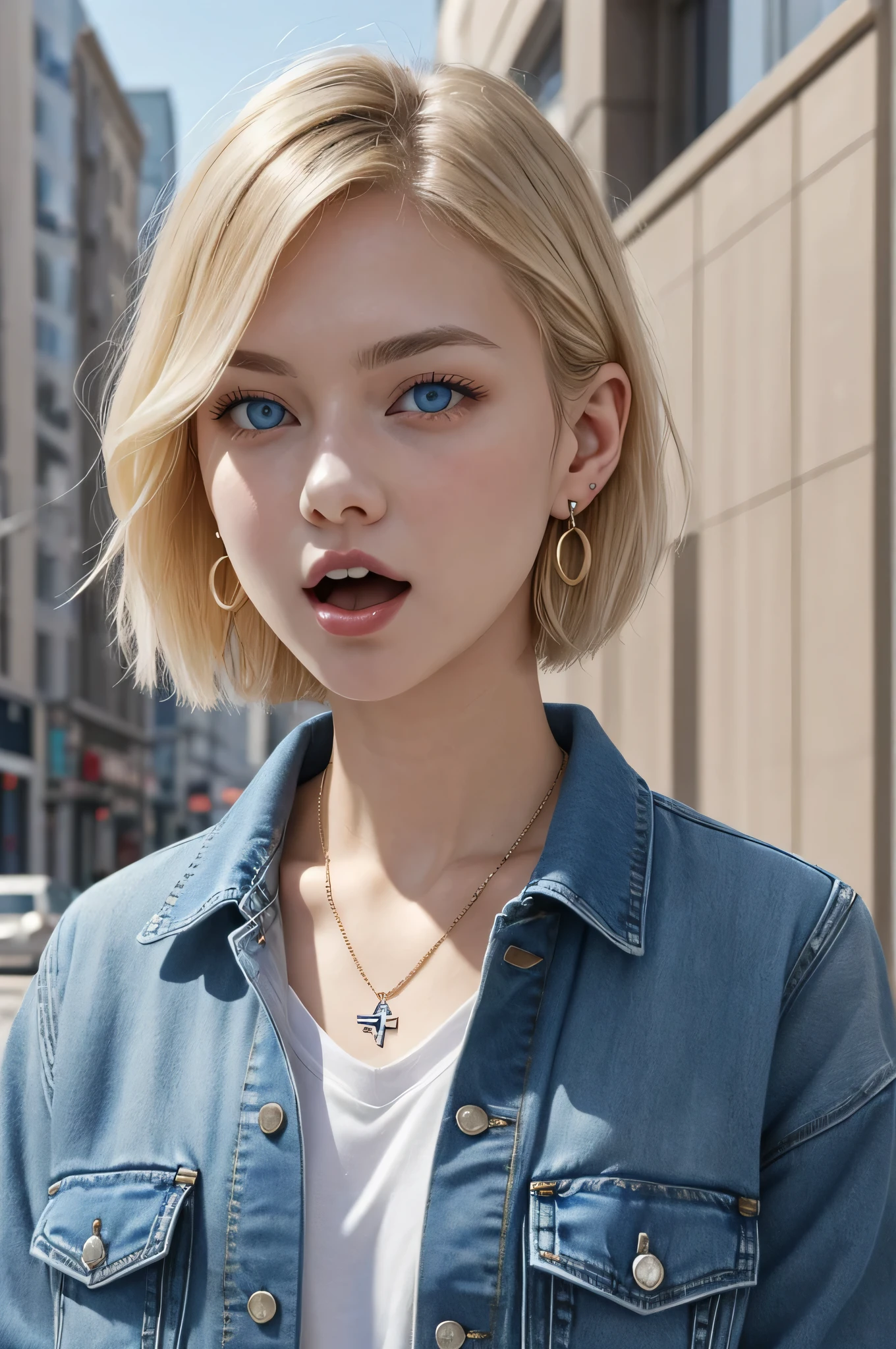 Pure white beauty、Neat and clean Caucasian woman、Blonde Hair、blue eyes、Short Haircut、、Denim jacket、shirt、Open your mouth a little、View your audience, Earrings, necklace, _background,City Streets Task in progress