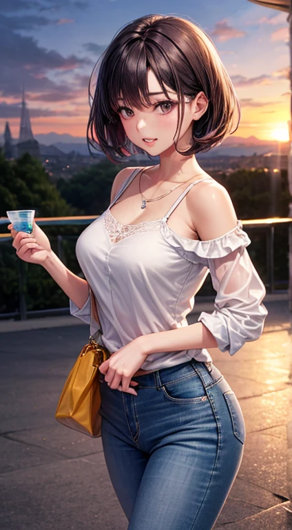 Tabletop, Highest quality, figure, Very detailed, Finely detailed, High resolution, 8k wallpaper, Perfect dynamic composition, Beautiful attention to detail,A 24-year-old pure woman（F-cup breasts and a slender waist、Well-shaped pink lips、Shoulder-length black bob 、Well-aligned teeth、）,Wear less revealing clothing（White blouse and tight jeans）、Calm expression、Sunrise horizon in the background