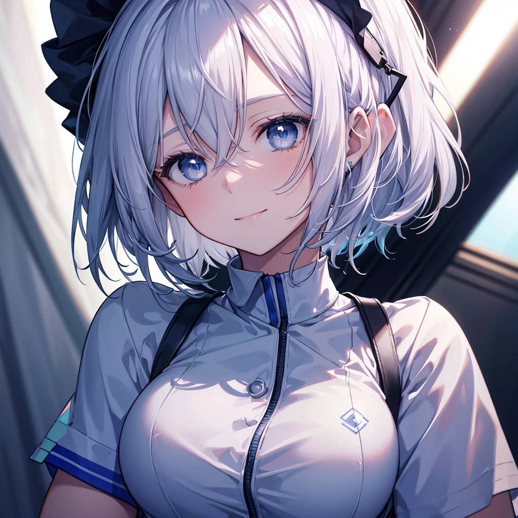 wear scrubs, White or pale blue scrub clothing, a beautiful detailed portrait of a shoulder length hair nurse aide, with no hat, large breasts, in an anime style, high resolution, photorealistic, dramatic chiaroscuro lighting, intricate details, ominous aura, beautiful blue eyes, beautiful silver hair, short bob cut, sharp facial features, strong presence, smile, I'm not wearing anything on my head, Hide your chest with your clothes.