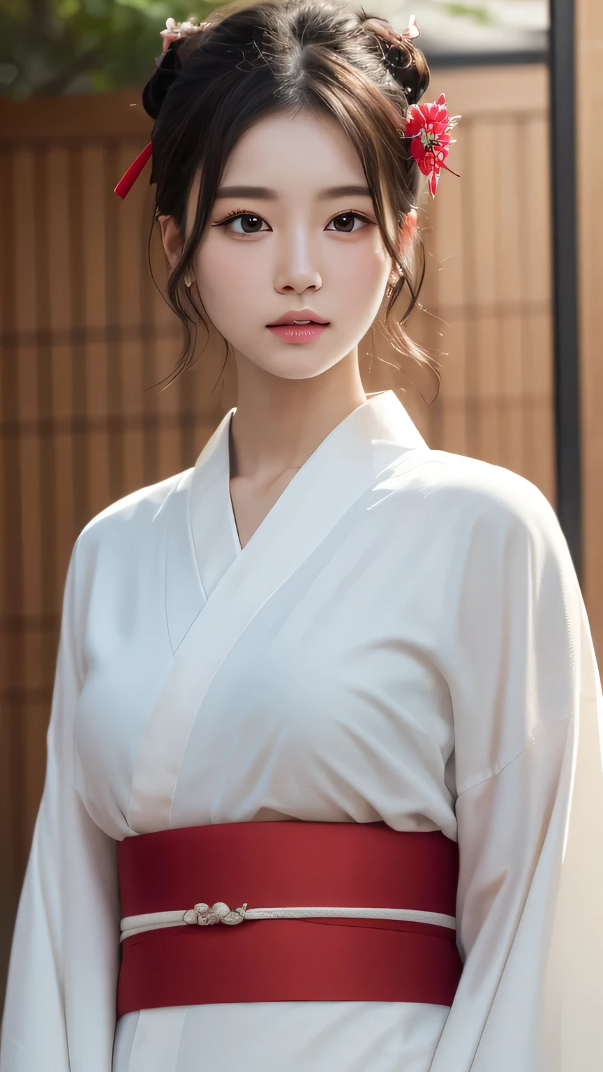 short hair、(Photo realistic:1.4)、(Surreal:1.4)、(Realistic:1.3)、 (Gentle lighting: 1.05)、(Improve the lighting quality of the video:0.9)、32K ...、 One person、20-year-old girl、Photorealistic Lighting、Backlight、Facial Light、Ray-tracing、(bright:1.2)、(Improvement of quality:1.4)、 (Highest Quality Real Texture Skins)、Beautiful Eyes,Delicate and elegant face、 (Tired, sleepy and satisfied : 0.0), Face close-up, White kimono、Red long skirt、Shrine maiden costume : 1.3, ((Closing the collar of a kimono)), Glowing Skin、Korean Idol、Nogizaka Idol、Burning idol pose、Beautiful actress、A proper woman、 whole body
