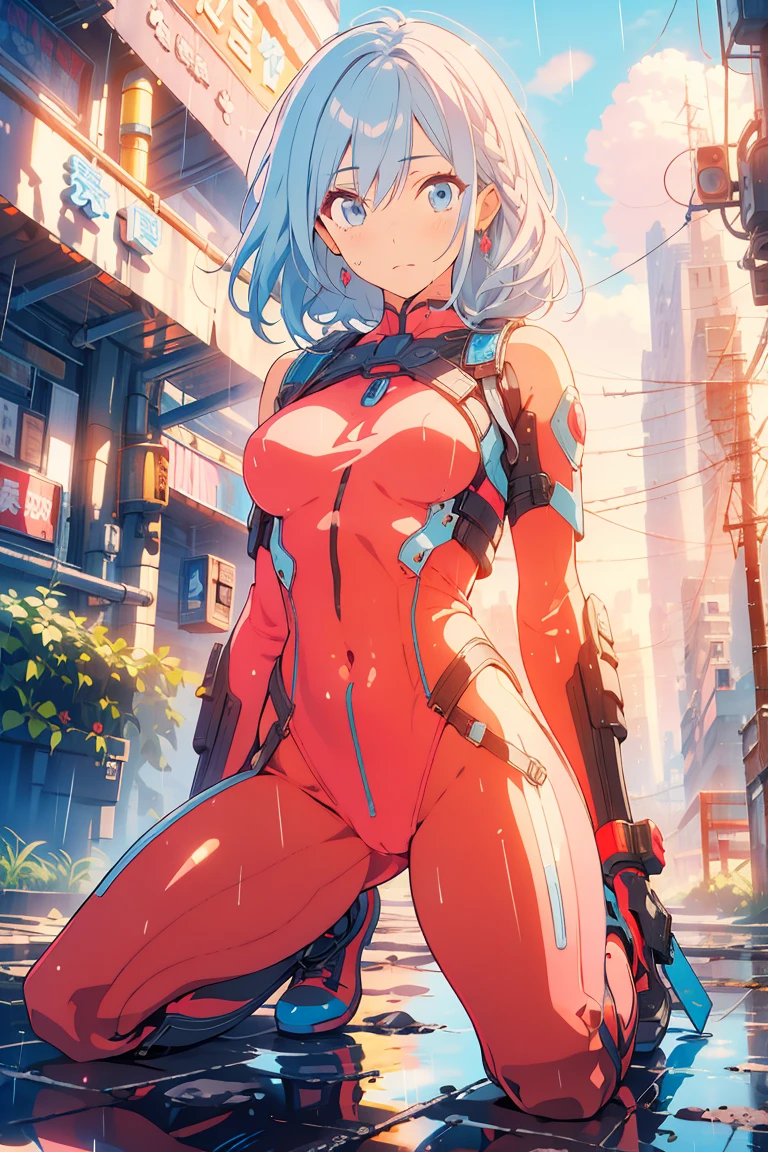 ((masterpiece)), ((best quality)), perfect detailed eyes, perfect detailed face, light blue hair, hair over shoulder, (pink bodysuit), armed shoulders, armed arms, sci-fi movie warrior, shiny costume, Cute girl, detailed face, fine details, diffused reflection of light behind, It's raining, kneeling in the rain