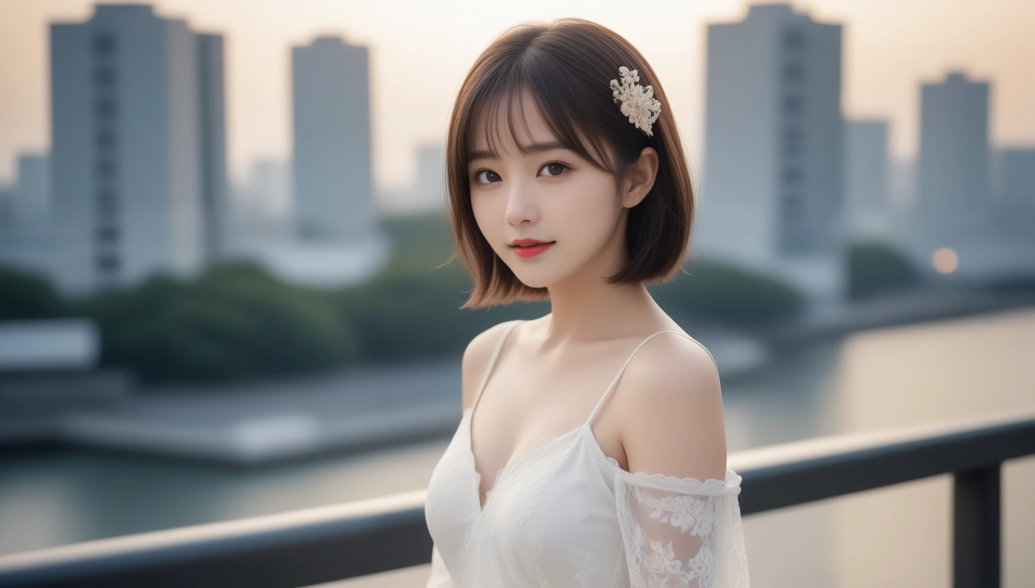 8k, Ultra-high resolution, Highest quality, masterpiece, 三分割法によるphotograph,Surreal, photograph, 1 , (:1.3), cute, cute顔, 細部までBeautiful Eyes, 細かくdetailedに,masterpiece,One Girl:1.2,Japanese women,Young Wife,cowboy shot,smile,Black hair,Bob with bangs,(black lace wedding dress:1.3),Pencil Skirt,bride,standing on a bridge,Buildings background,Woman Turning Around,sunset,(Beautiful attention to detail),Subtle details, detailedな顔, smile,attractive,(のポートレートphotograph:1.4),(Photorealistic images:1.4),Fantasy art,(Beautiful Face:1.4),美しくattractive目、Beautiful Eyes、(Tight waist:1.4)、(Beautiful with perfect body proportions:1.4),Pink Lips,Looking at the audience,(((Ideal body type))),A-cup small breasts :2,、Portraiture:2、Perfect Anatomy、鮮明なdetailed、detailed,Fashion magazine cover,Thin lips,完璧でBeautiful Face ,完璧でcute顔, Skin with attention to detail, Perfect limbs、Narrow waist,Surreal,Light and shadow,setting sun