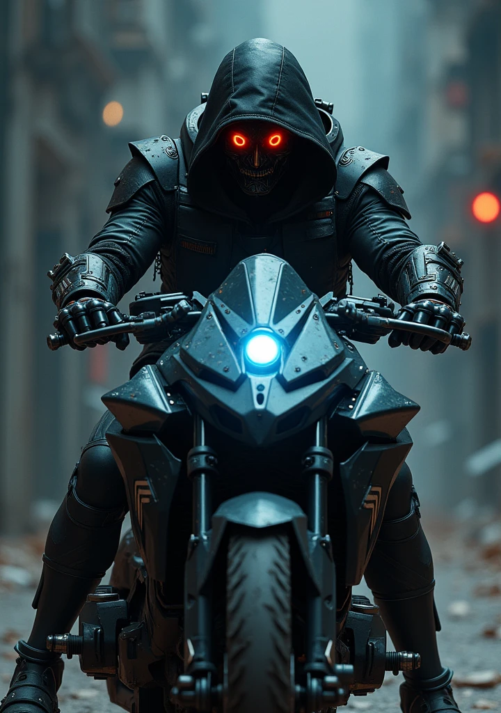 A mechanical gunman on a black, spiky bike(Cyborg) Hat pulled down low The left eye is red、The right one glows blue Bullet holes on the screen