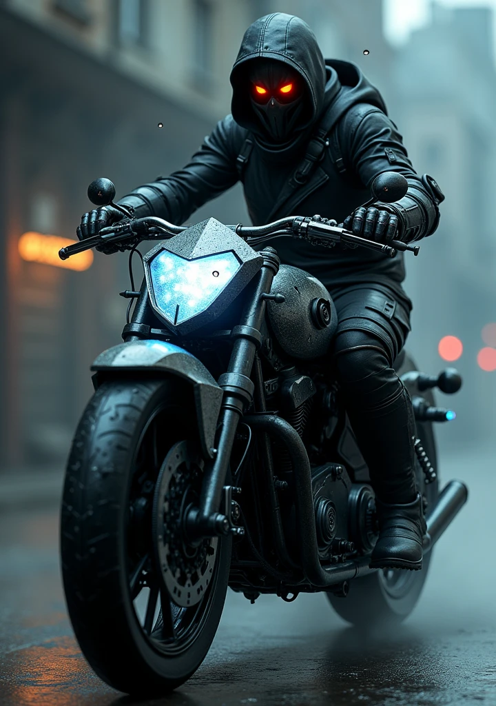 A mechanical gunman on a black, spiky bike(Cyborg) Hat pulled down low The left eye is red、The right one glows blue Bullet holes on the screen