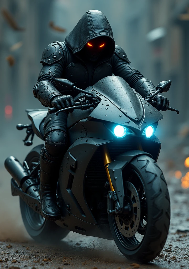 A mechanical gunman on a black, spiky bike（Cyborg）　Hat pulled down low　The left eye is red、The right one glows blue　Bullet holes on the screen