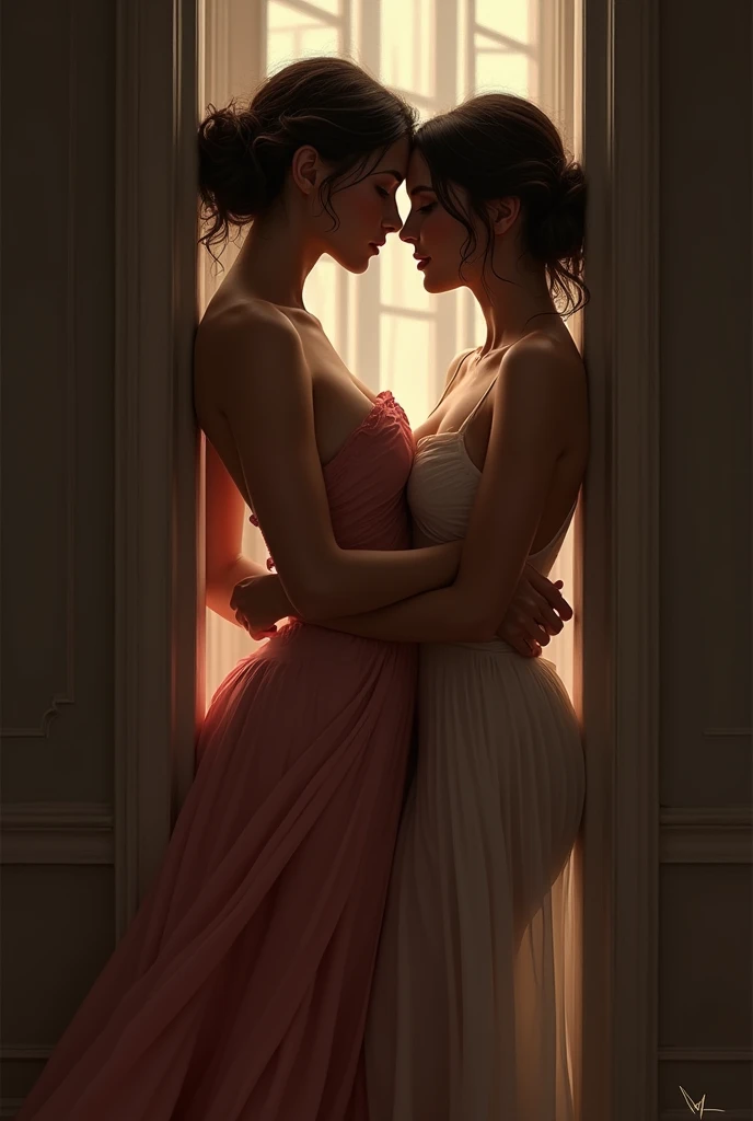 Lesbian sex, POV, realistic, dresses, looking down and seeing woman climbing under your dress, sexy