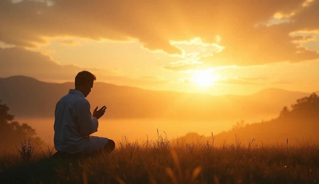 A peaceful early morning sunrise breaking through the clouds over a serene landscape, with a figure kneeling in prayer in the foreground, rays of sunlight illuminating the scene, reflecting a sense of gratitude and hope. ar 16:9