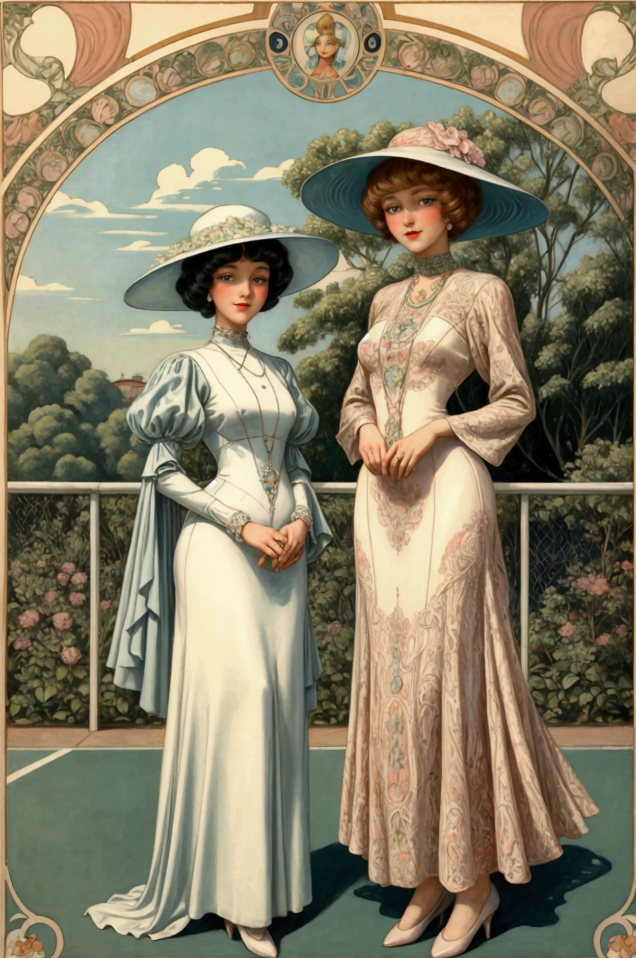 a painting of two women in dresses and hats are standing on a tennis court, by Hans Baluschek, inspired by Gerda Wegener, art nouveau fashion, beautiful retro art, 7 0 s vintage art, italian futurism style, 1 9 7 0 s illustration, modern art noveau, inspired by Konstantin Westchilov, by John Keane
