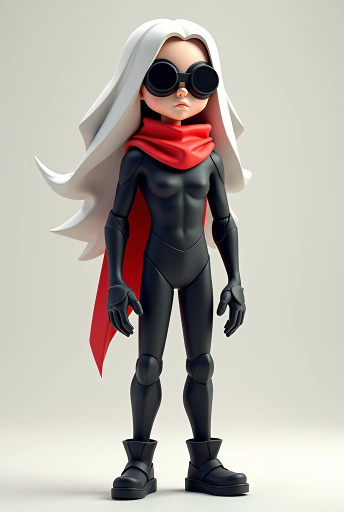 polygonal PlayStation 1 low poly model of a boy with long white hair black stealth action suit and a red scarf and big goggles and boots