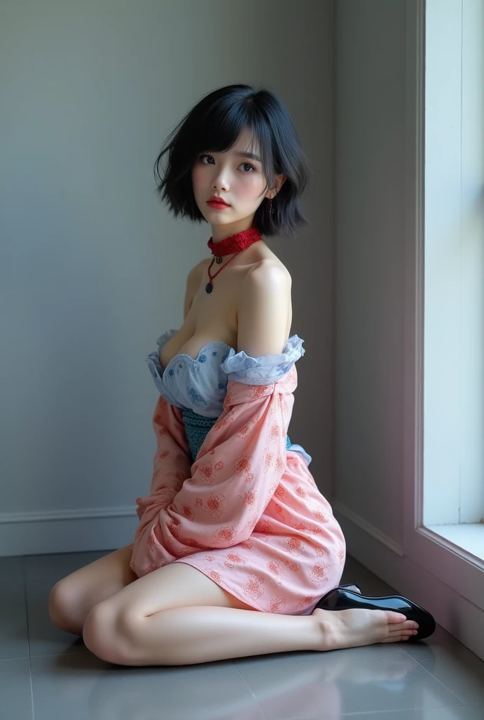 (RAW photo, best quality, masterpiece: 1.2), (photorealistic: 1.4), best lighting, 20 years old, (light black hair, short bob cut, hair in 7 thirds, hair over one ear, :1.15), (Symmetrical blue clear eyes, solo, medium breast, Detailed Skin, :1.2), ((Light gray walls and floor, photo studio, sitting on floor, sitting against the wall, pink and blue clear off the shoulder short length kimono,calças de seda, red lace choker, sorrindo, slender necklace, wearing black high heels, clean legs, cinematic lights, sensual look, from side))