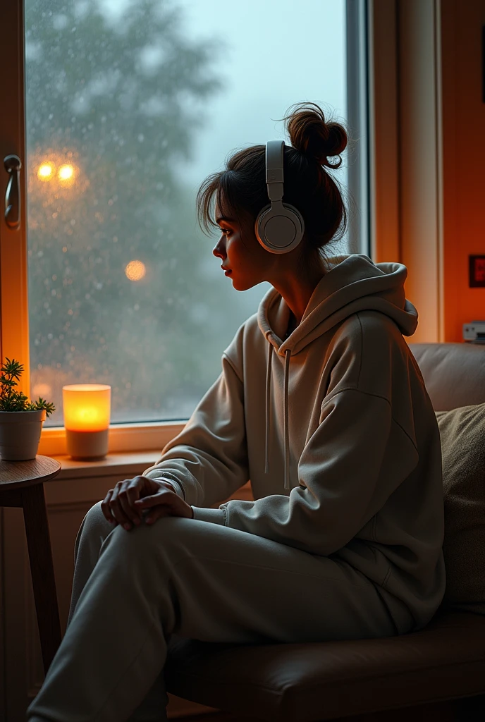 ((photorealism:1.2), beautiful woman, sitting on chair, looking at window raining, wearing hoodie, pants, wearing headphones, messy bun hair, indoors, soft lighting, rain in the background, window with rain, cozy room, relaxed pose, realistic, intricate details, warm colors,