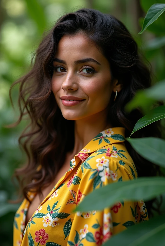 A Brazilian woman in a lush tropical garden, wearing an open shirt with a floral print, with a close-up capturing the harmonious beauty between her breasts and the natural flowers, showing off your natural charm and outgoing personality.