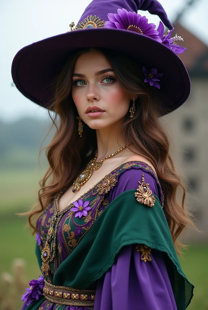 A beautiful girl, Perfect face, Keep your arms at your sides, masterpiece, Ultra-high resolution, high quality, 4K, Upper Body:1.5, Lisa (Genshin Impact), urple witch hat, Green Eyes, Brown hair, (Pure face_v1:0.008), (European:1.6), Bangs, skirt, Rose, Jewelry, witch, shawl, Purple headdress, Black Gloves, Purple flowers, Hair between the eyes, purple Rose, Open your mouth, purple shawl, Hat Flower, multicolored skirt, Hair accessories, windmill, from the side,