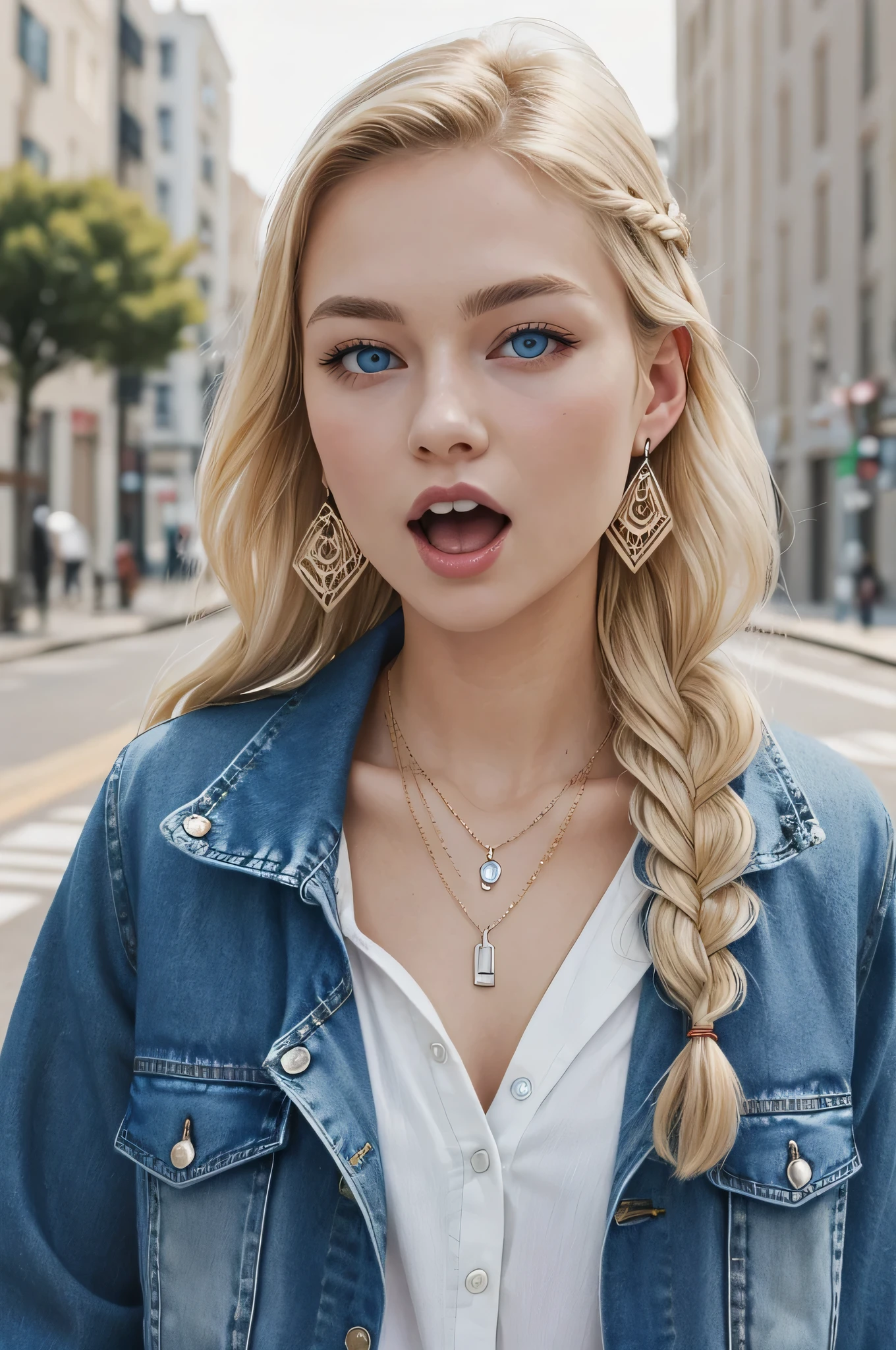 Pure white beauty、Neat and clean Caucasian woman、Blonde Hair、Hairstyle braid、Blue eyes、、Denim jacket、shirt、Open your mouth a little、View your audience, Earrings, necklace, _background,City Streets Task in progress
