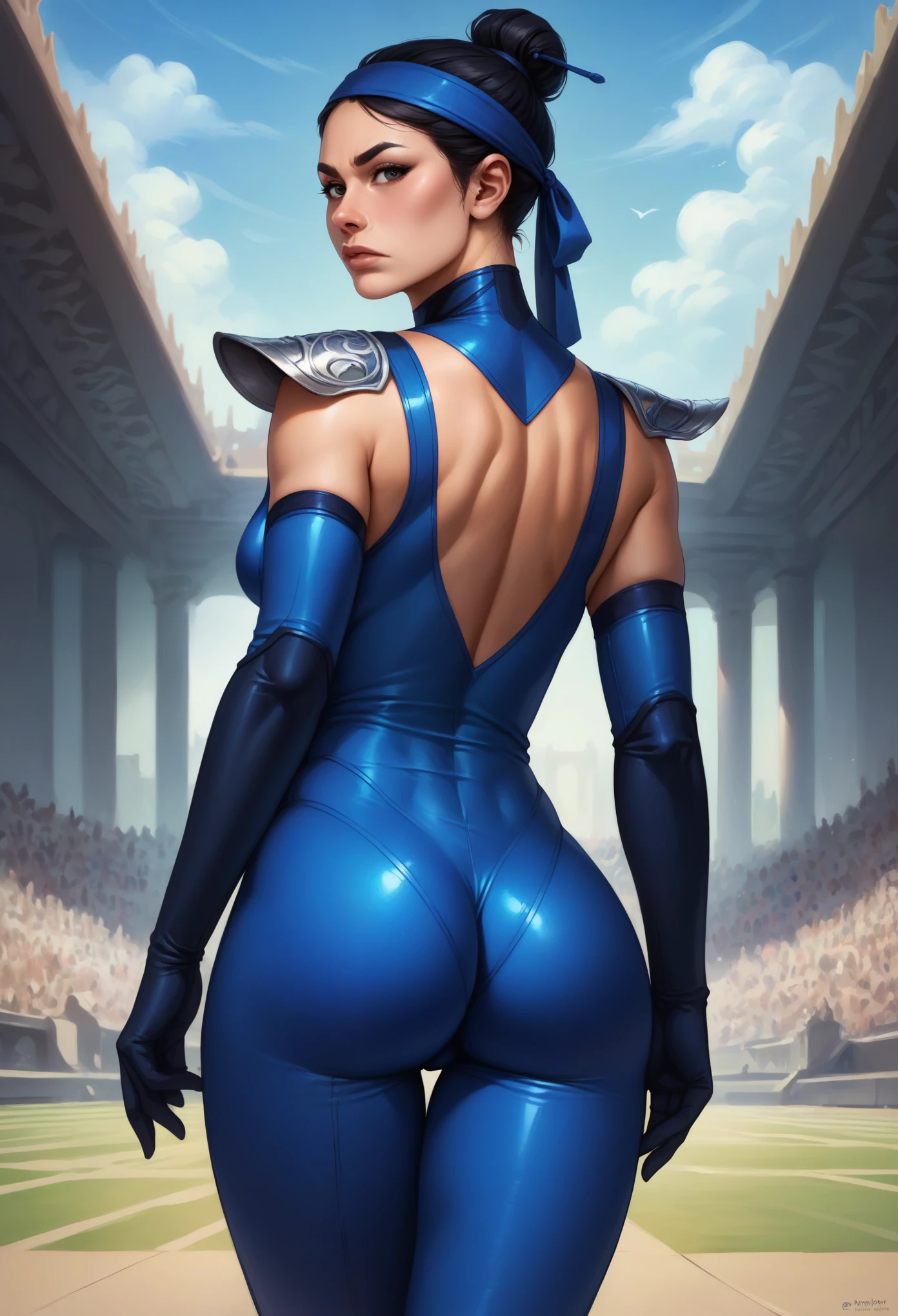 score_9, score_8_up, score_7_up, BREAK, score_9, Kitmk11, serious, lips, black hair, hair bun, medium breasts, blue headband, Bodysuit, Shoulder pads, Armor, elbow gloves, looking at viewer, cowboy shot, ass, from behind, ground, coliseum